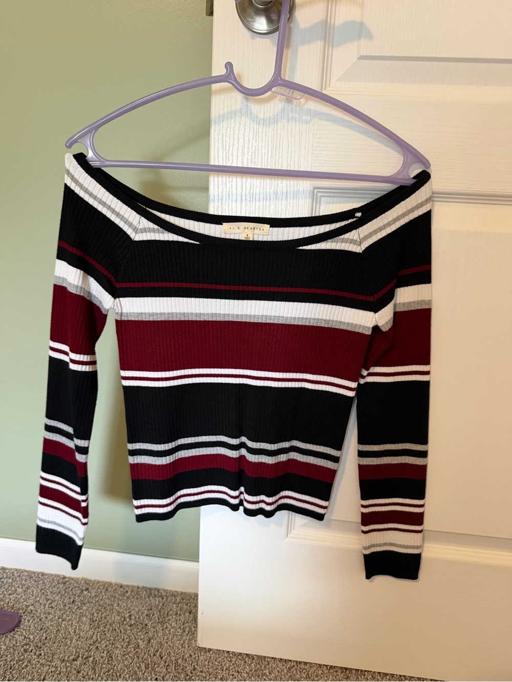 La Hearts Black, Burgundy & White Off-the-Shoulder Striped Sweater